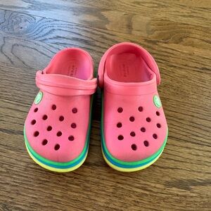 Pink rainbow crocs